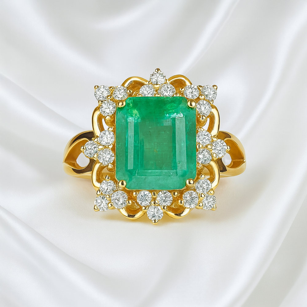 3.15 ct. Natural Emerald & Round Diamonds Fashion Ring in 14k Yellow Gold