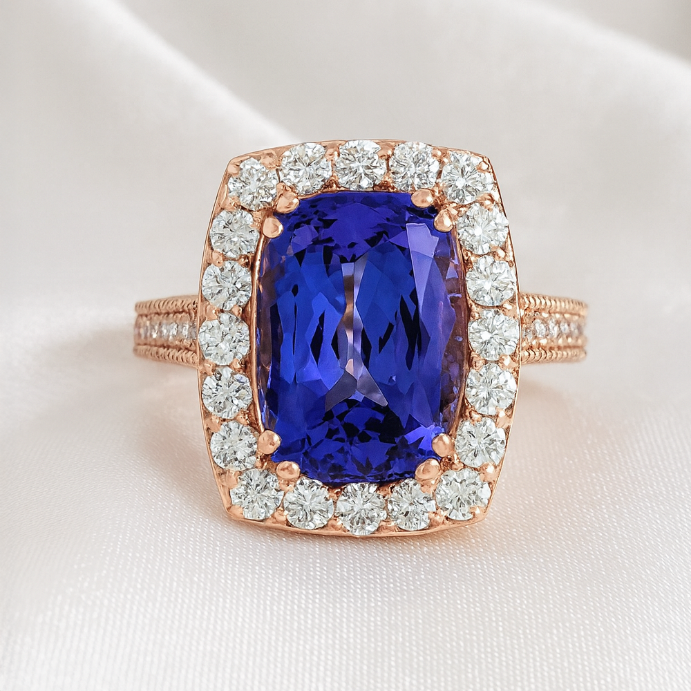 11.23 TCW Tanzanite & Diamond Ring In 18K Rose Gold