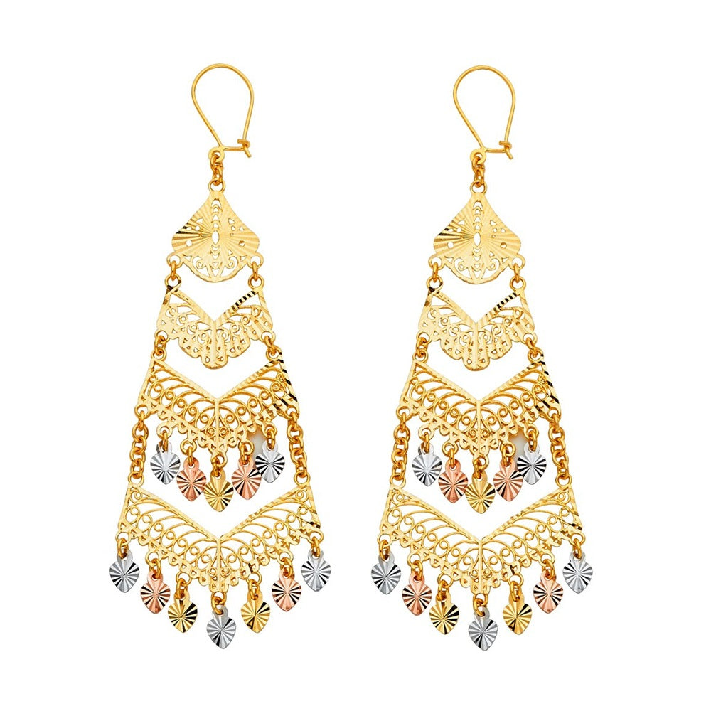 3 Tier Fancy Chandelier Hanging Earrings in 14K Yellow, White & Rose Gold