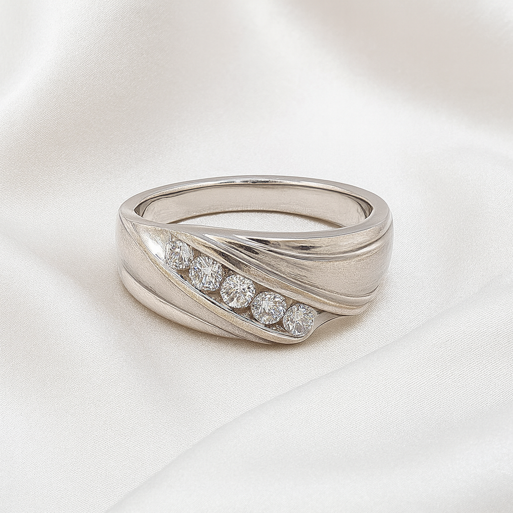 0.75 Natural Round Diamond Men's Ring in 14k Satin & Polished White Gold