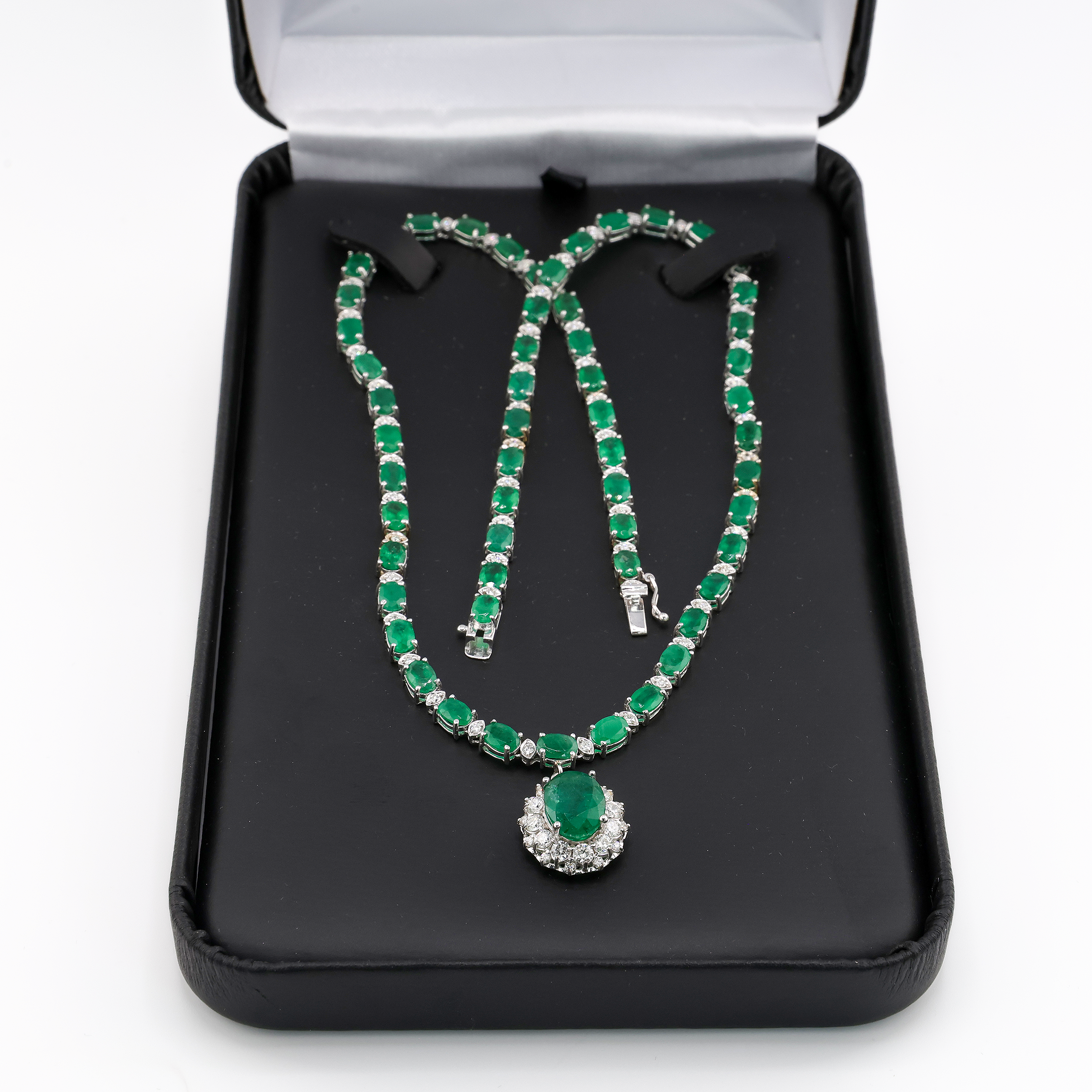27.16 ct. Natural Emerald & Diamond Pendant Necklace in 18K White Gold