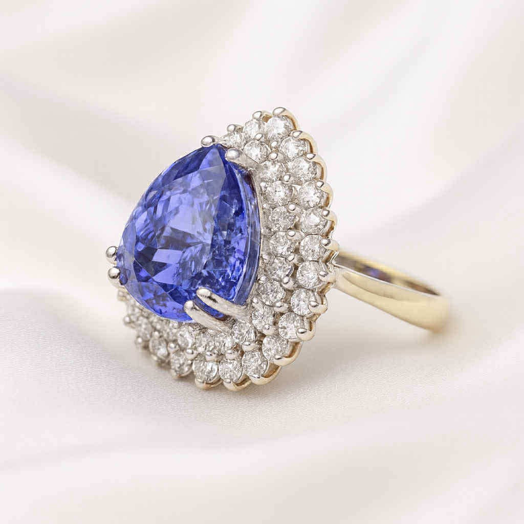 Natural Tanzanite & Diamond Ring in 14k White Gold, TCW 12.81 cts.