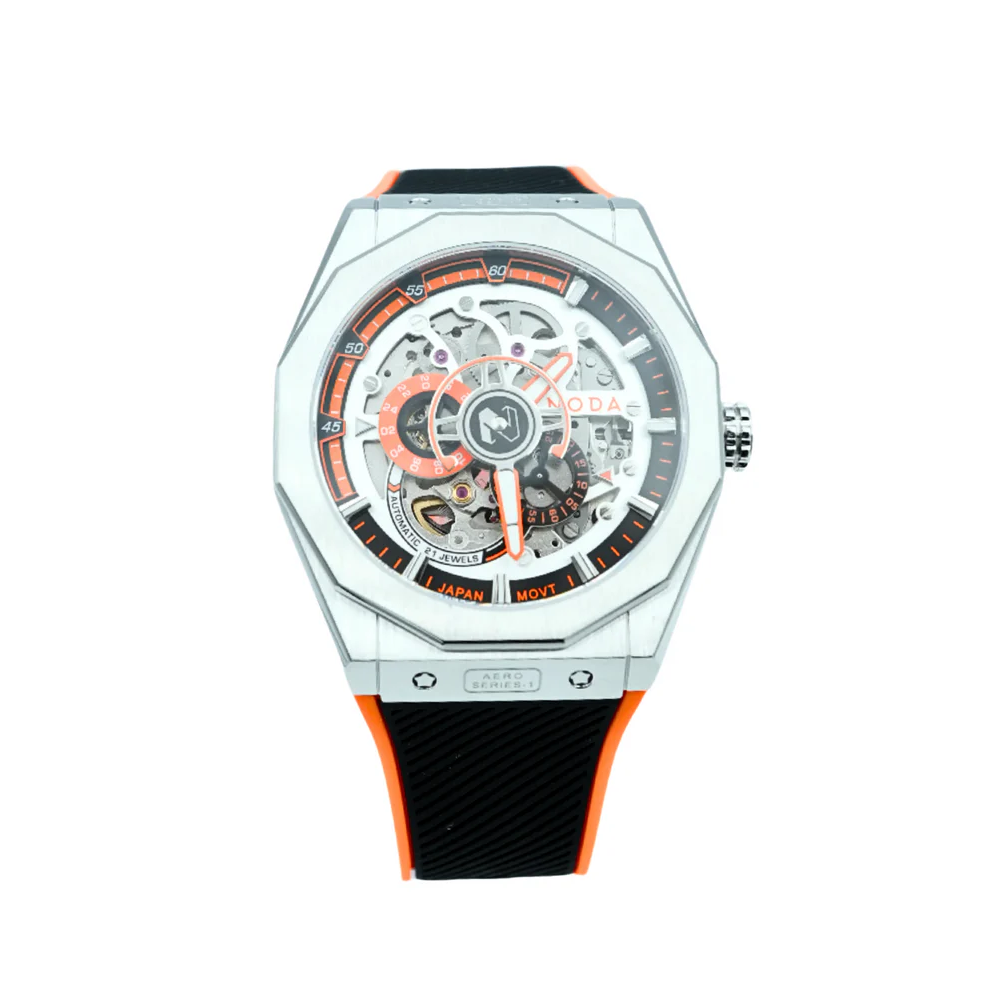 Noda Aero Series1 43mm Steel Skeleton Orange Dial Men Japan Automatic Watch