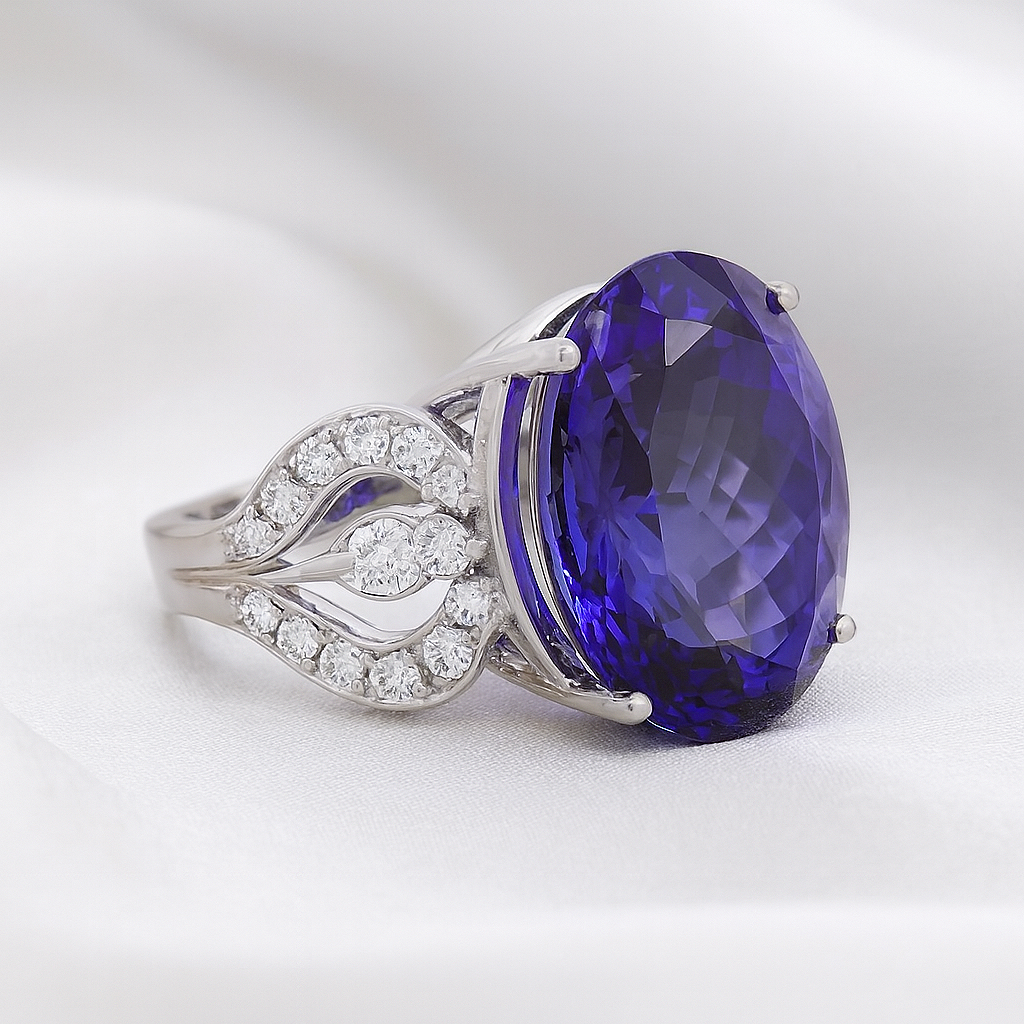 GIA 19.49 ct. Tanzanite & Diamonds Fashion Ring in 14k White Gold