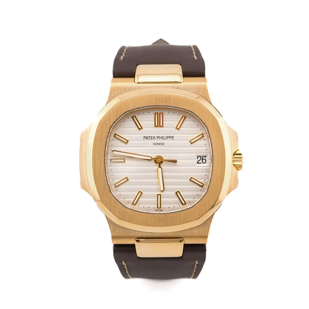 Patek Philippe 5711J-001 Nautilus 18K Yellow Gold White Index Dial Brown Leather Strap Original Box 2007