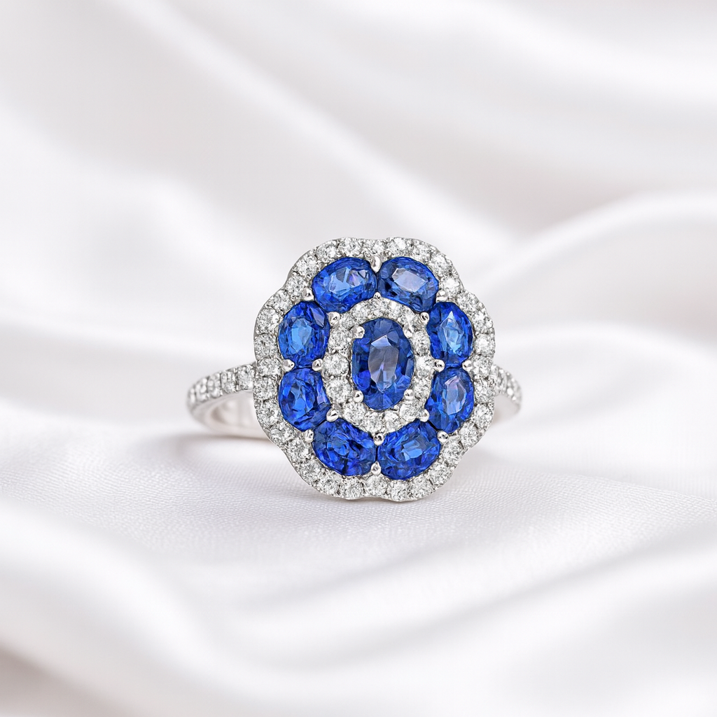 3.09 ct. Natural Blue Sapphires & Diamonds Fashion Ring in 18k White Gold