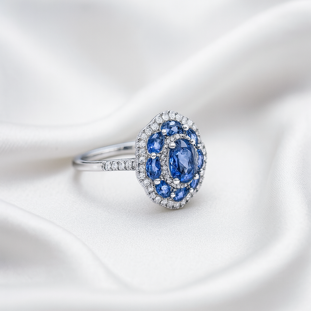 3.09 ct. Natural Blue Sapphires & Diamonds Fashion Ring in 18k White Gold