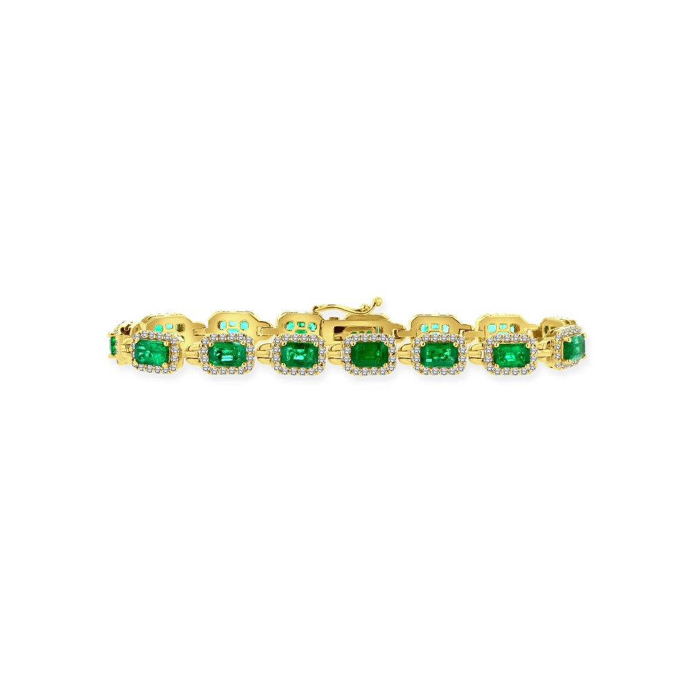 7.0" 9.90 ct. Natural Emeralds & Diamonds Bracelet in 14k Yellow Gold