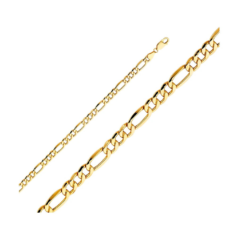 7.5" 5.3mm Hollow Figaro 3+1 Bracelet in 14k Yellow Gold