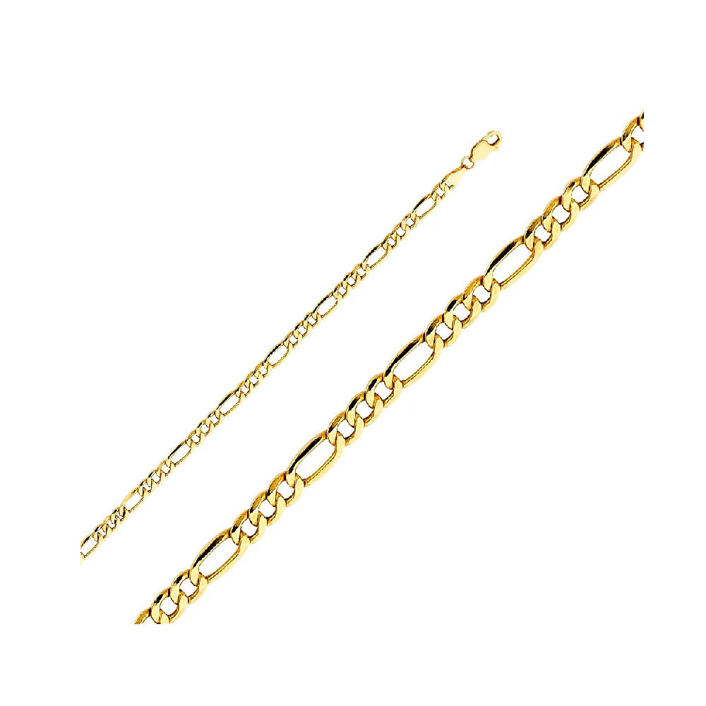 7.5" 4.4mm Holow Figaro 3+1 Bracelet in 14k Yellow Gold