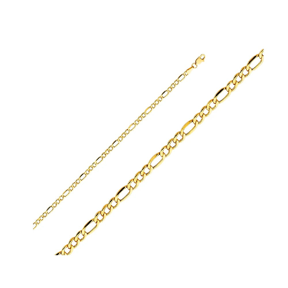 7.0" 3.5mm Hollow Figaro 3+1 Bracelet in 14k Yellow Gold