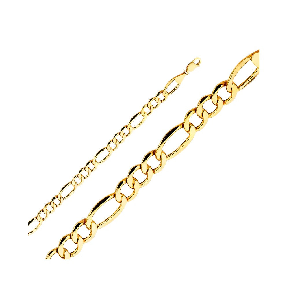 24" 7.2mm Hollow Figaro 3+1 Bevel Chain in 14k Yellow Gold