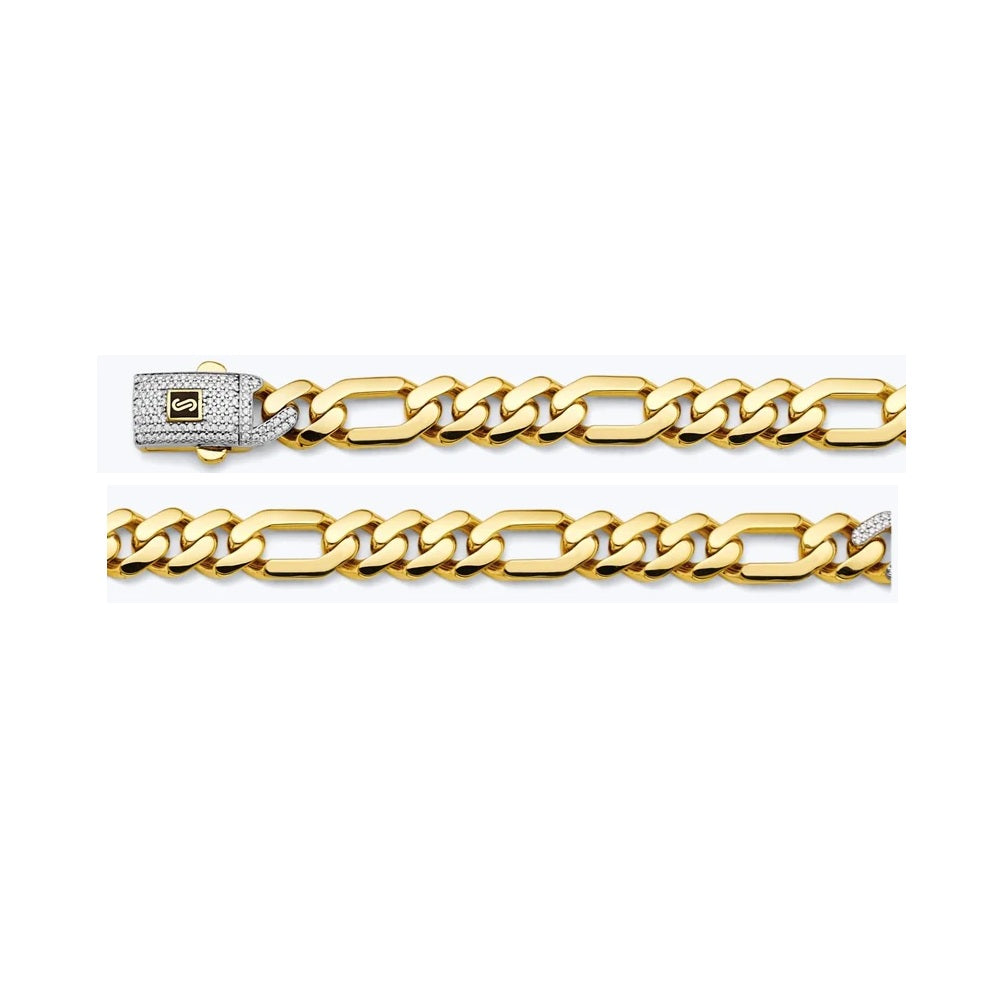 8.5" 9.5mm Monaco Figaro 3+1 Bracelet wih Lab Diamonds Lock in 14k Yellow Gold