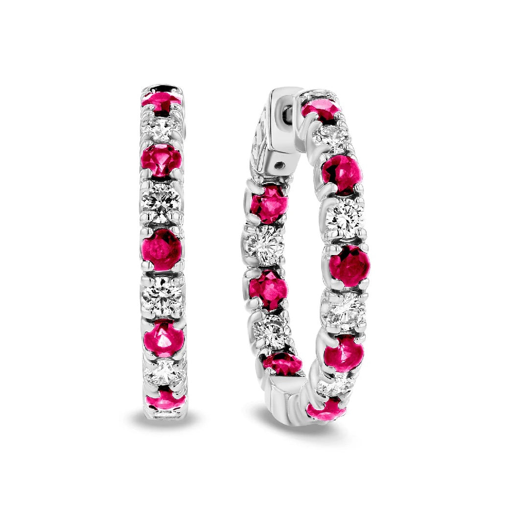 3.58 ct. Natural Diamond & Ruby Hoop Earrings in 14k White Gold