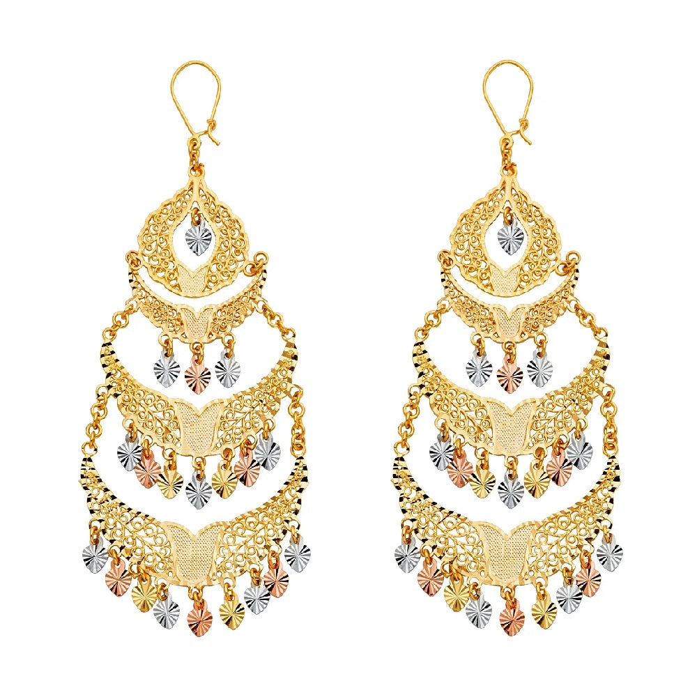 4 Tier Fancy Chandelier Hanging Earrings in 14k Yellow, White & Rose Gold