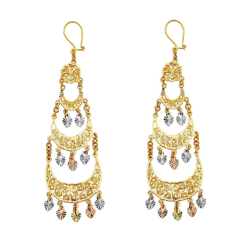 3 Tiers Fancy Chandelier Hanging Earrings in 14K Yellow, White & Rose Gold