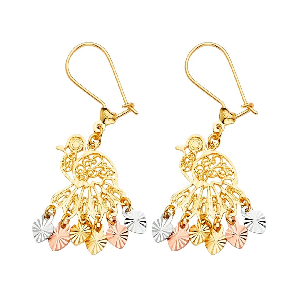 Fancy Bird Chandelier Hanging Earrings in 14k Yellow, White & Rose Gold