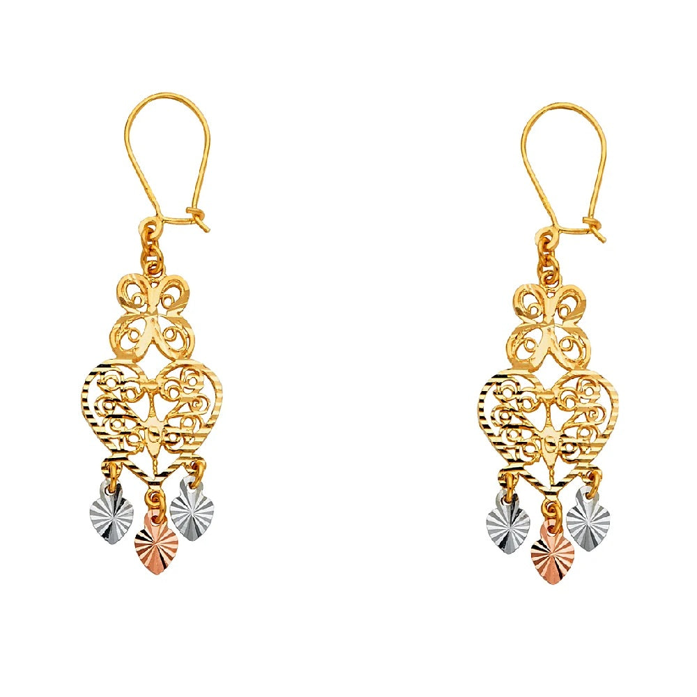 Heart Chandelier Hanging Earrings in 14k Yellow, White & Rose Gold