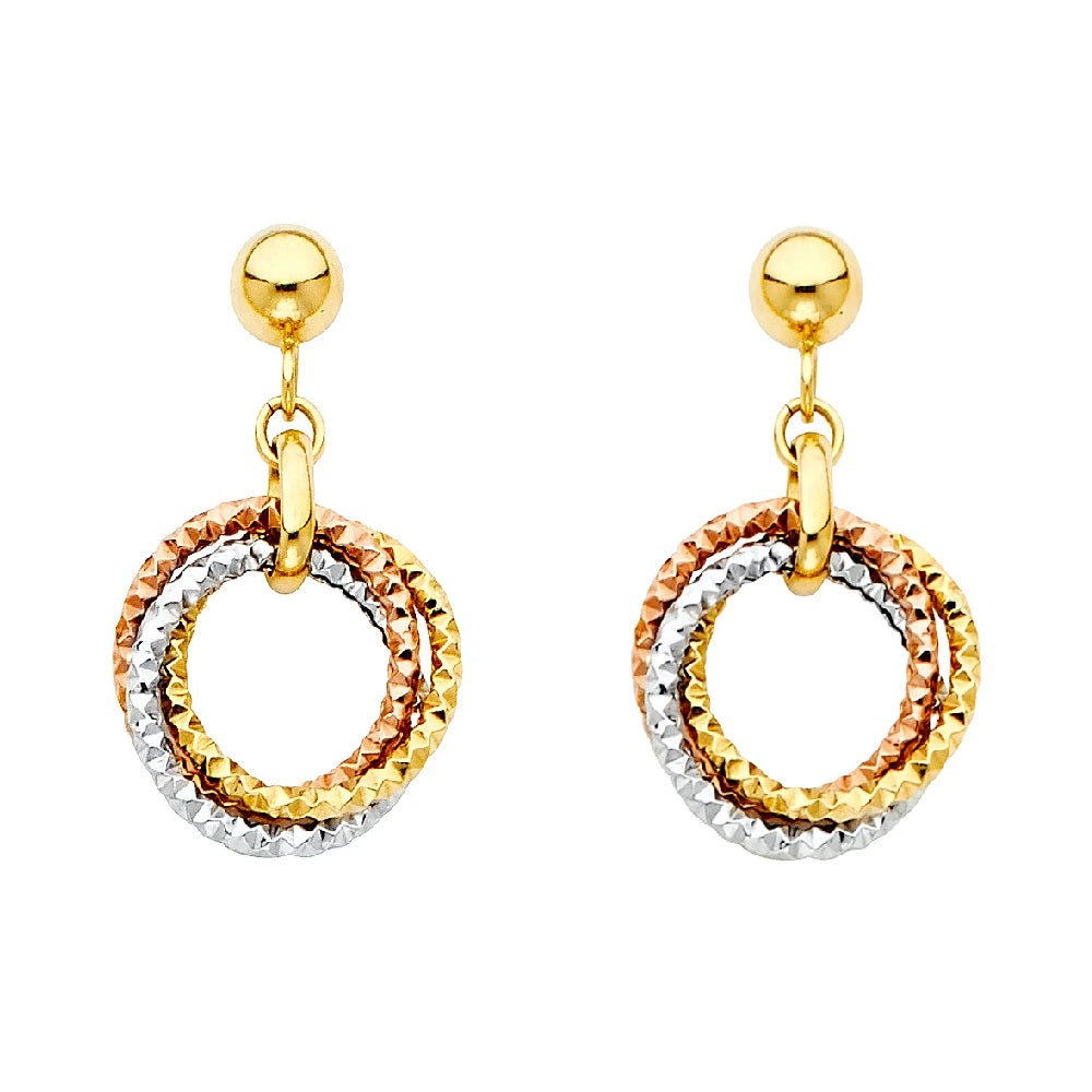Hanging 3 Ring Earrings in 14k Yellow, White & Rose Gold