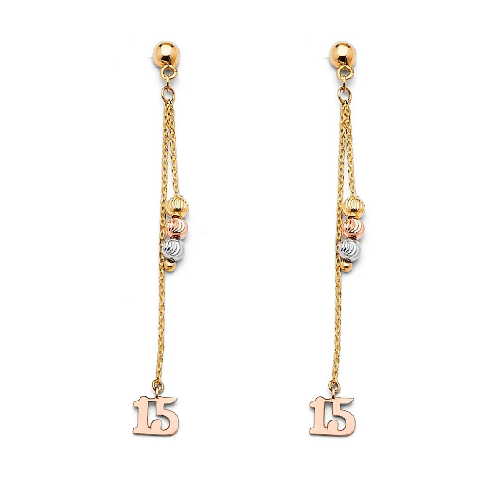 Quinceanera Hanging Earrings in 14k Yellow, White & Rose Gold