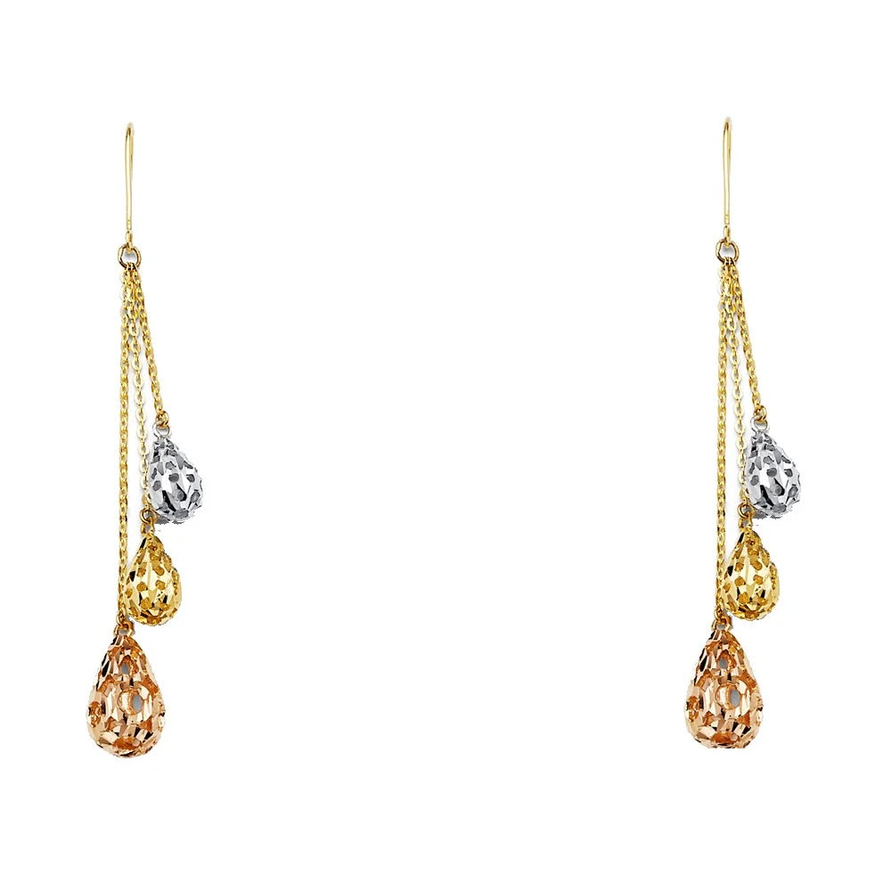 14k Tri-Color Gold hanging Ball Earrings