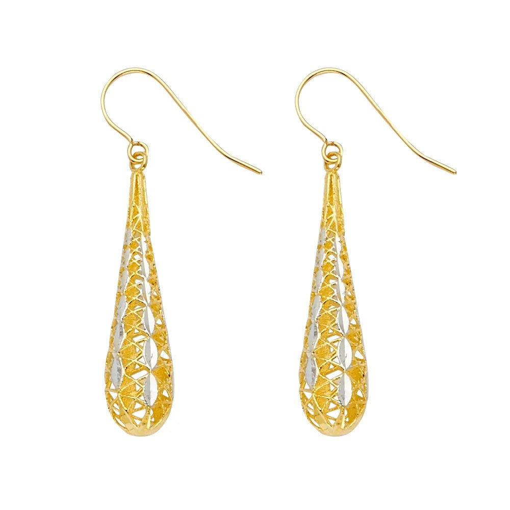 Filigree Tear Drop Earrings in 14k Yellow & White Gold