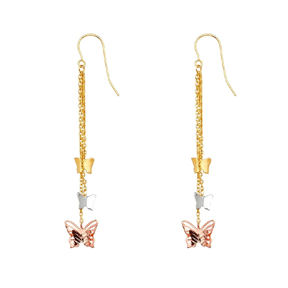 3 Butterfiles Hanging Earrings in 14k White, Yellow & Rose Gold