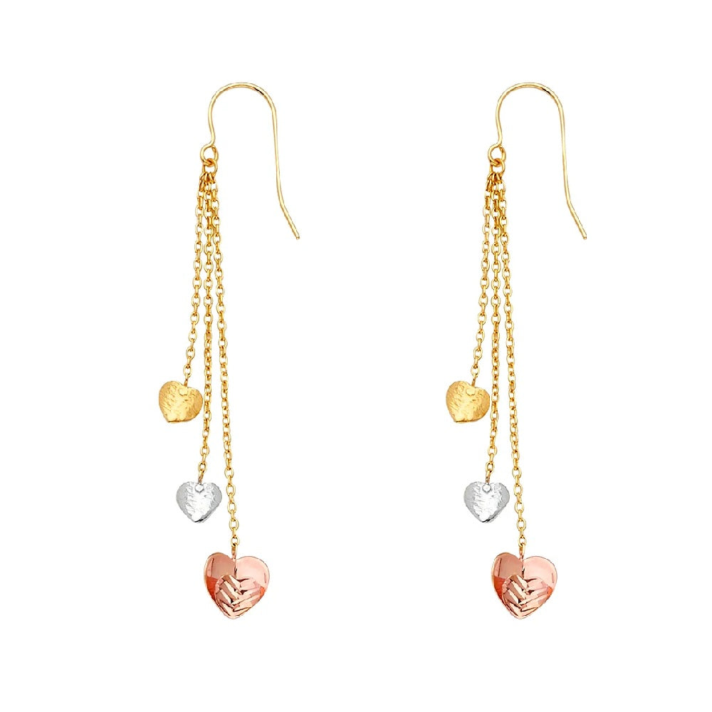 3 Hearts Hanging Earrings in 14k White, Yellow & Rose Gold