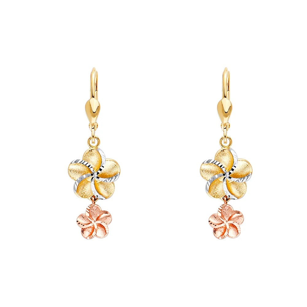 Hawaiian Flower Lever Back Earrings in 14k Yellow, White & Rose Gold
