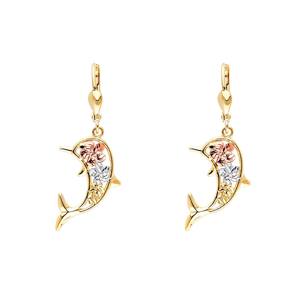 Hawaiian Flower Dolphin Lever Back Earrings in 14k Yellow, White & Rose Gold