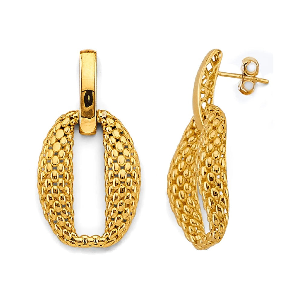 Hollow Mesh Oval Design Earrings in 14k Yellow Gold