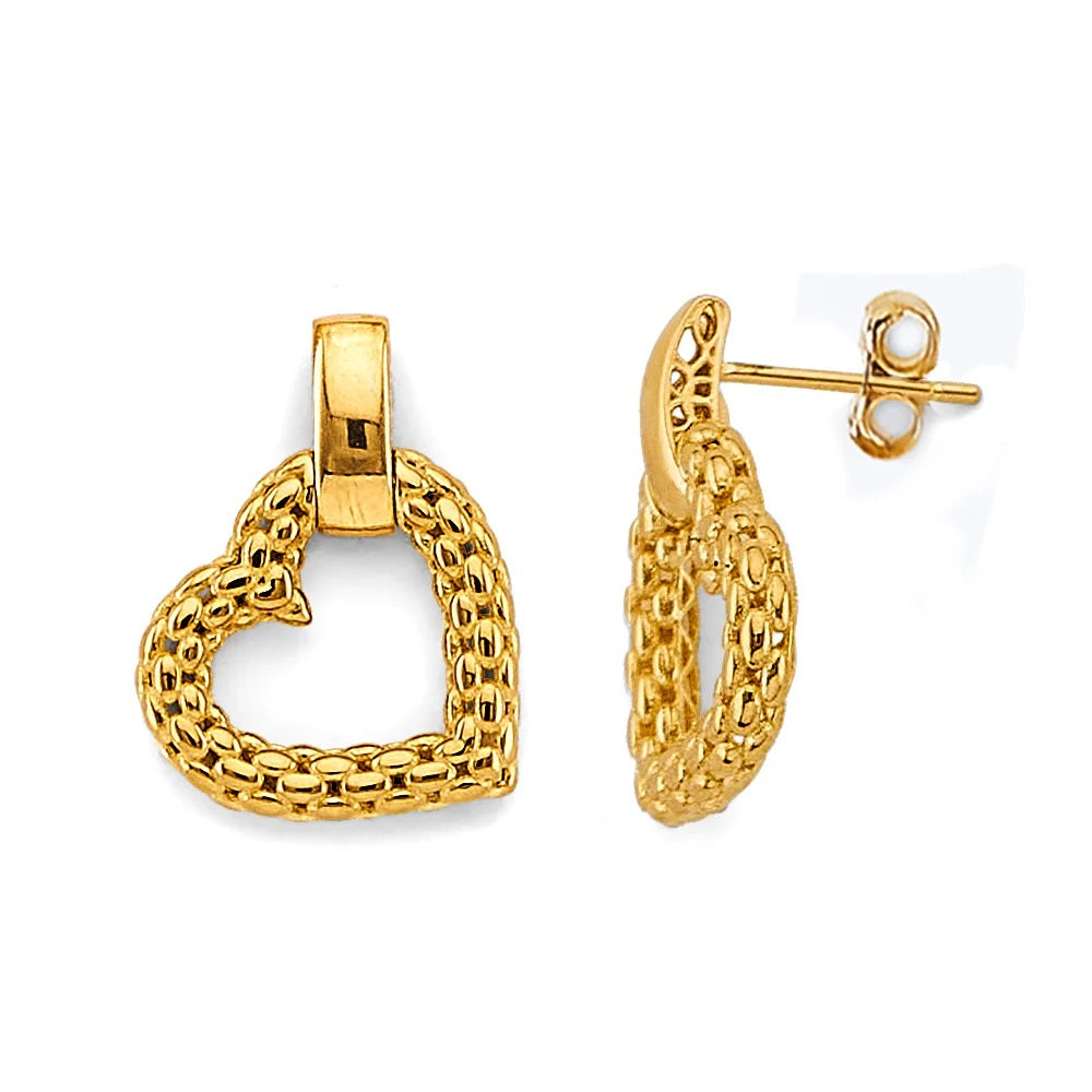 Hollow Mesh Heart Design Earrings in 14k Yellow Gold