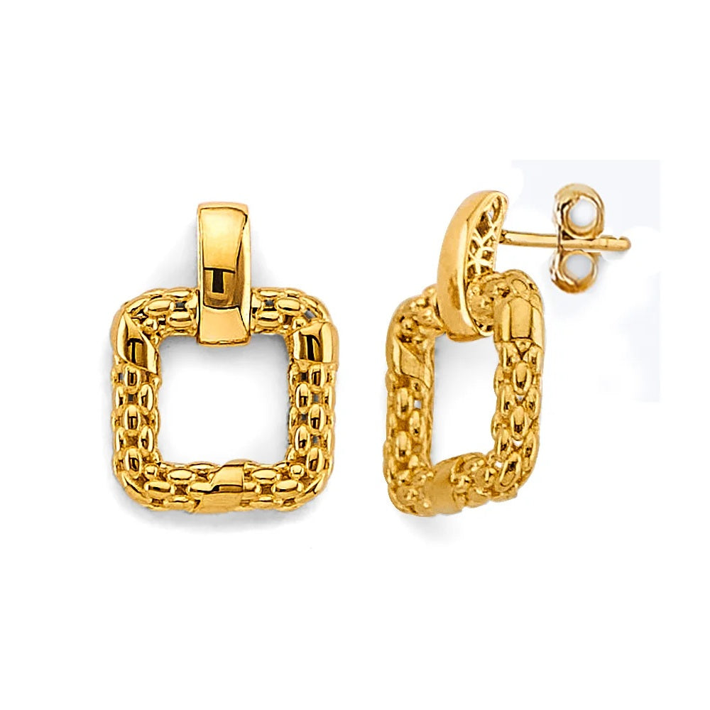 14k Yellow Gold Hollow Mesh Square Design Earrings