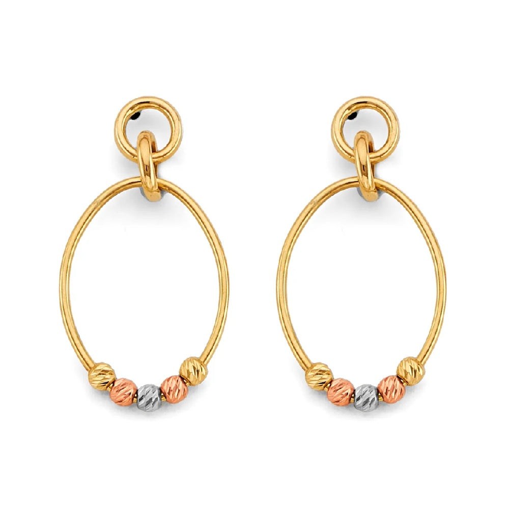 Hanging Oval Tube with Bead Earrings in 14k Yellow, White & Rose Gold