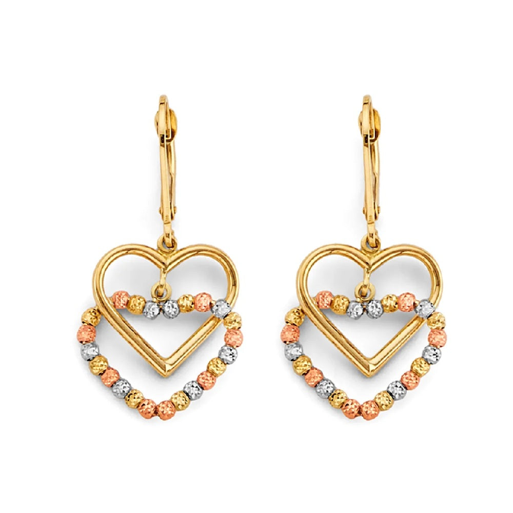 Hanging Double Heart Bead Earring in 14k Yellow, White & Rose Gold