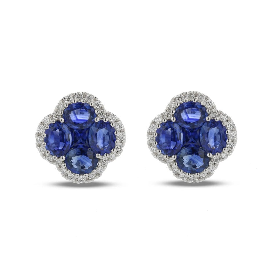 2.77 ct. Natural Sapphires & Diamonds Clover Earrings in 18k White Gold