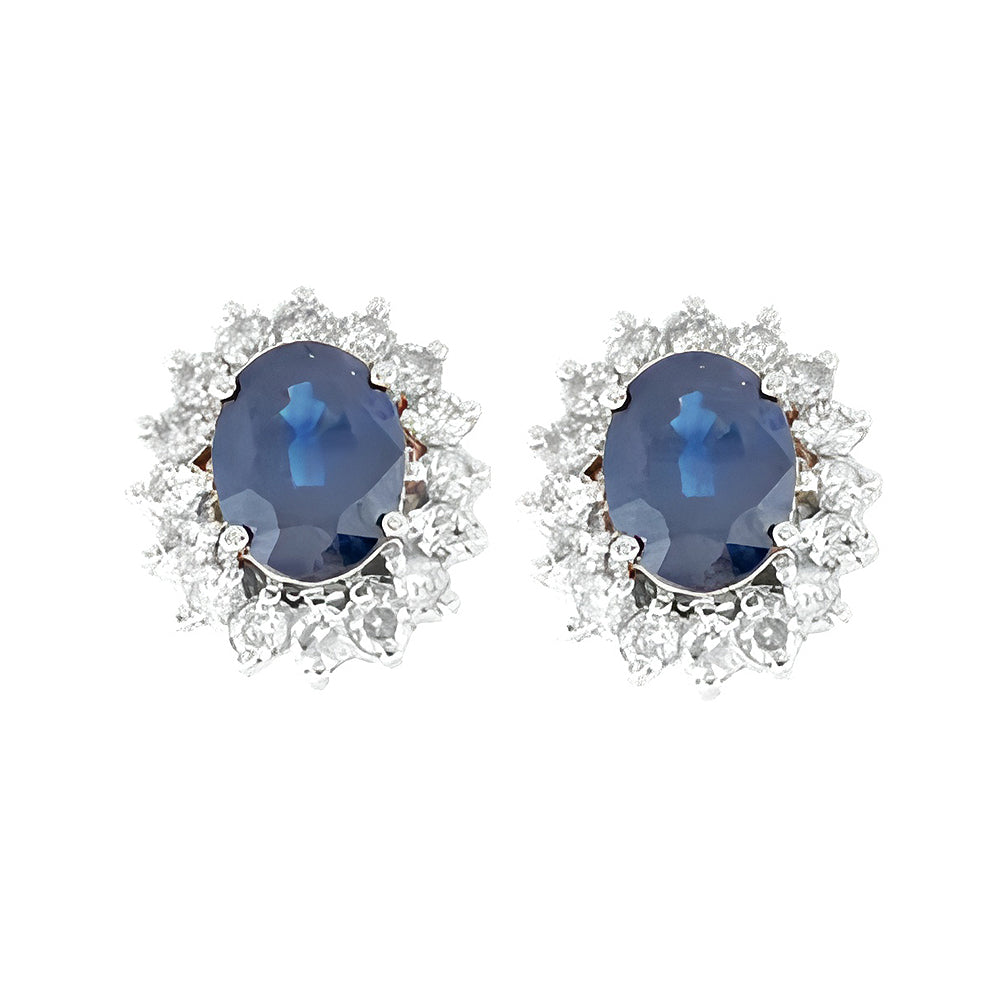 6.05 ct. Natural Blue Sapphires & Diamonds Halo Earrings in 14k White Gold