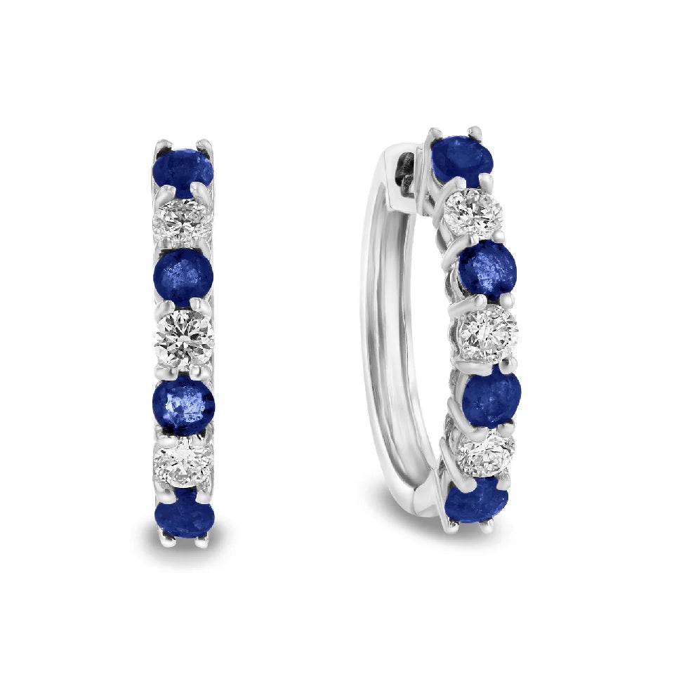 1.15 ct. Natural Blue Sapphires & Diamonds Hoop Earrings in 14k White Gold