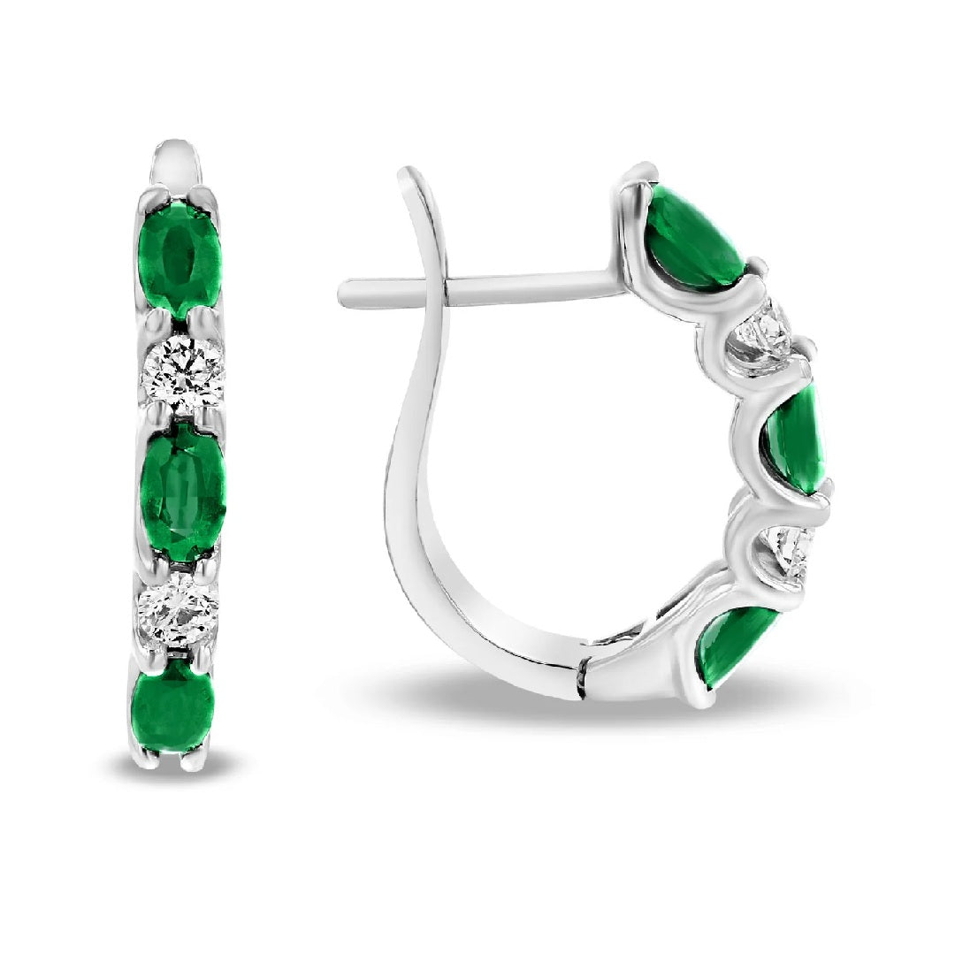 2.00 ct. Natural Diamonds & Emeralds Hoop Earrings in 14k White Gold