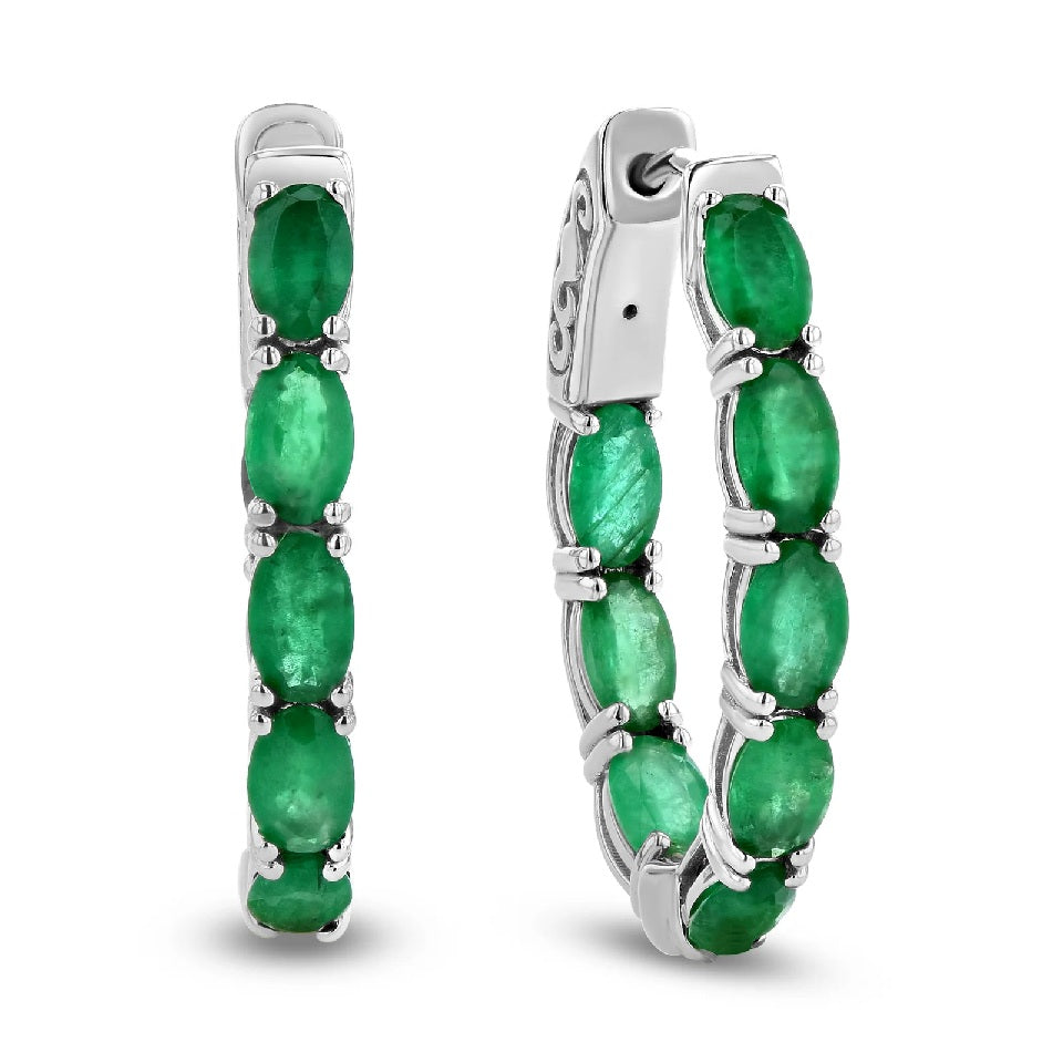 3.40 ct. Natural Oval Emeralds Hoop Earrings in 14k White Gold