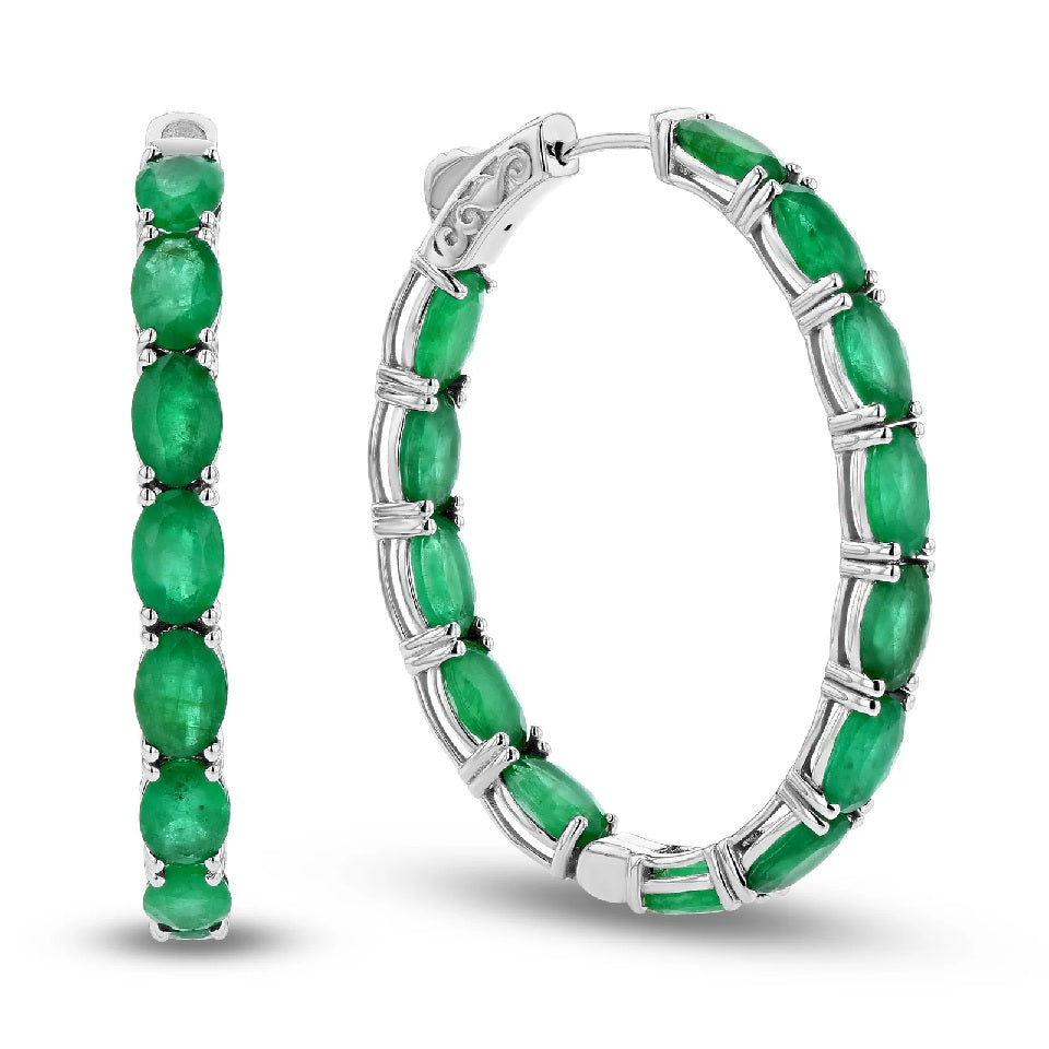 10.50 ct. Natural Oval Emeralds Hoop Earrings in 14k White Gold