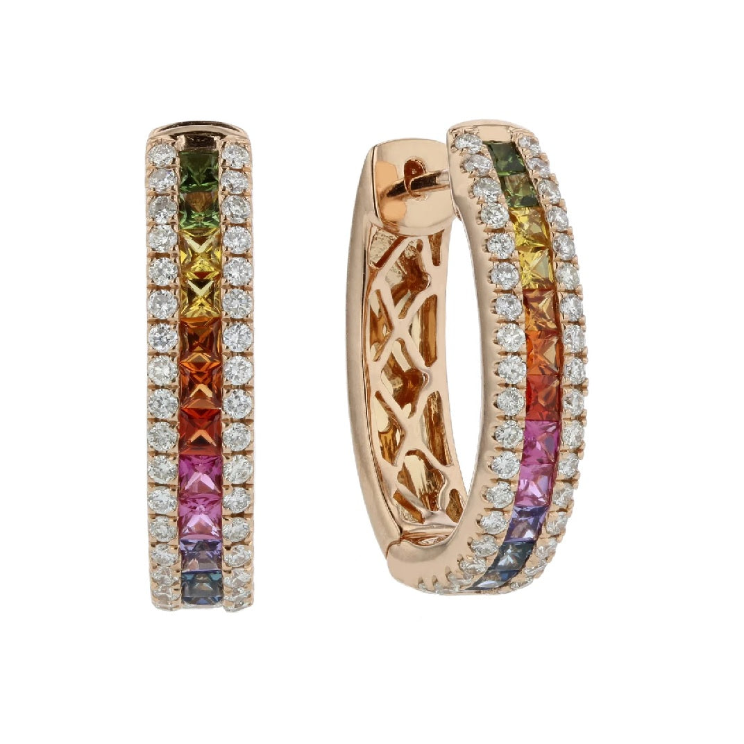 1.56 ct. Natural Multi Sapphire & Diamonds Hoop Earrings in 18k Rose Gold