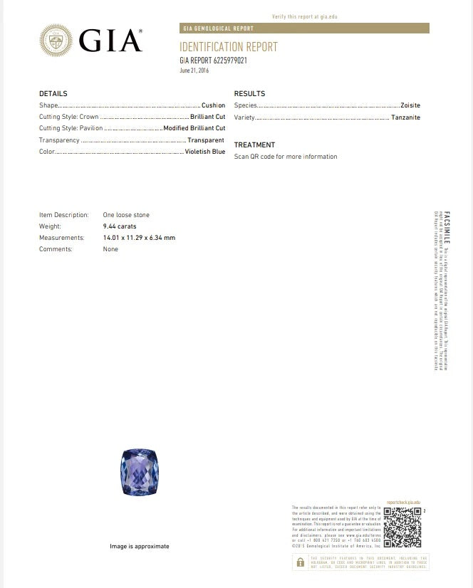 GIA 9.44 ct. Loose Tanzanite Cushion Modified Brilliant Cut