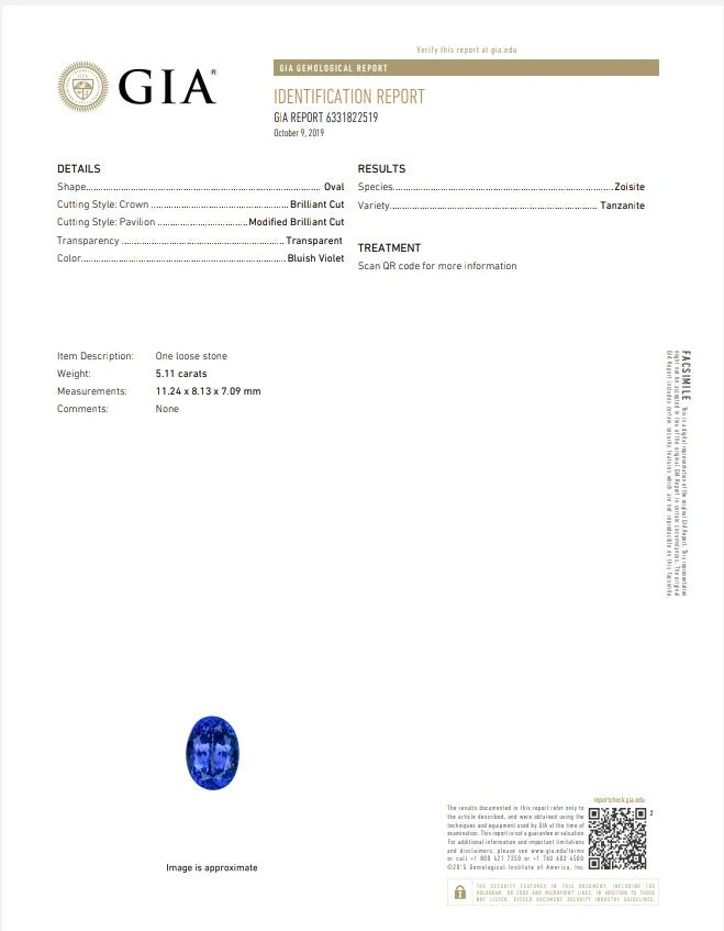 GIA 5.11 ct. Loose Tanzanite Oval Cut Modified Brilliant