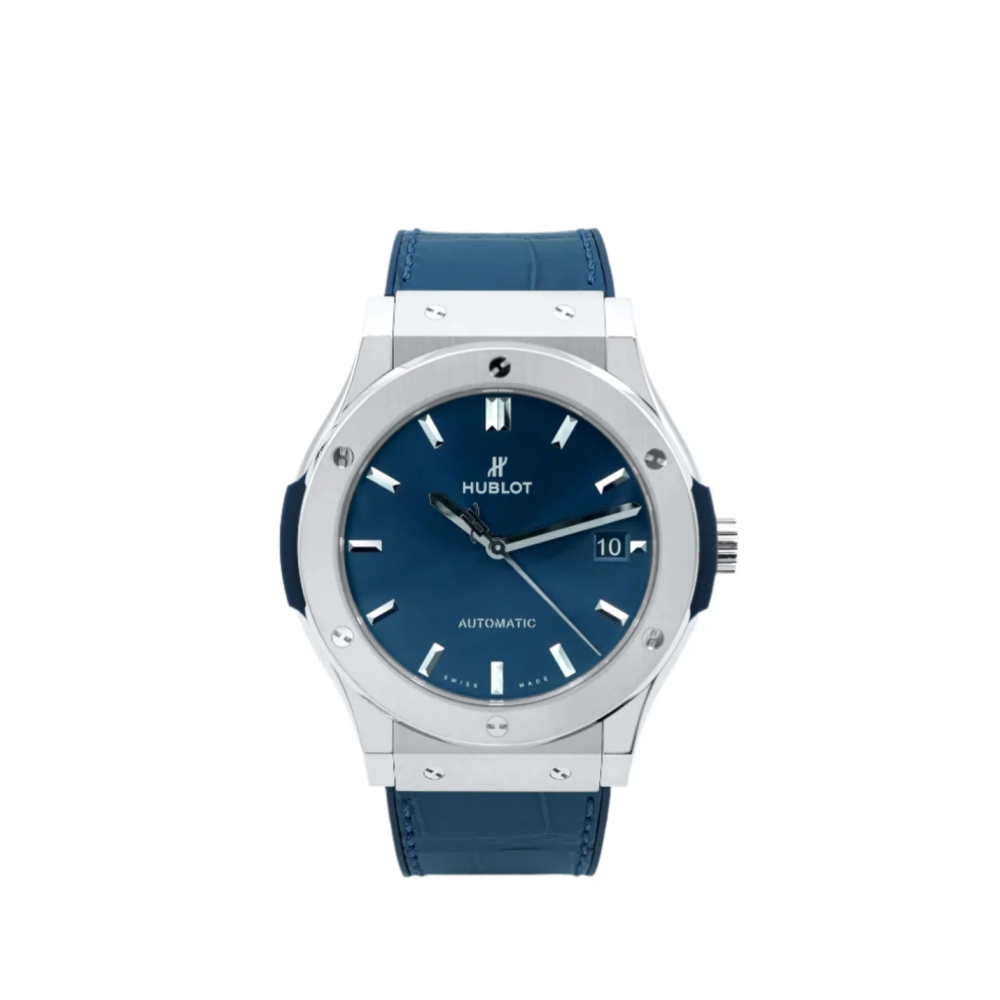 Hublot 511.NX.7170LR Classic Fusion Titanium Blue Dial Blue Leather Strap Complete Set 2024