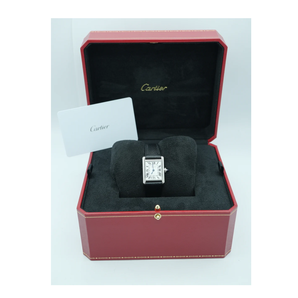 Cartier WSTA0042 Tank Must Small Quartz Watch White Dial Black Leather Strap Complete Set 2025