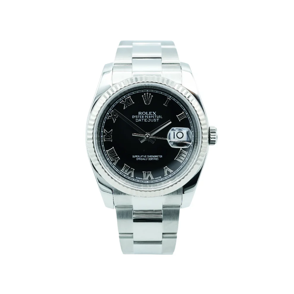 Rolex 116234 Datejust 36 mm Fluted Bezel Black Roman Dial Oyster Bracelet Complete Set 2014