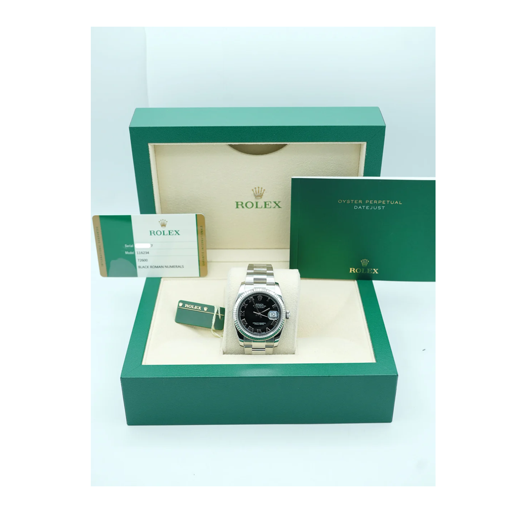 Rolex 116234 Datejust 36 mm Fluted Bezel Black Roman Dial Oyster Bracelet Complete Set 2014