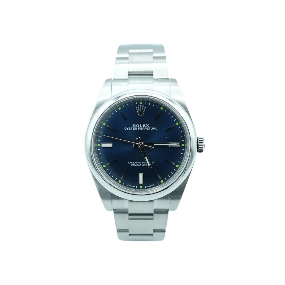 Rolex 114300 Oyster Perpetual 39 mm Smooth Bezel Blue Dial Oyster Bracelet Complete Set 2014
