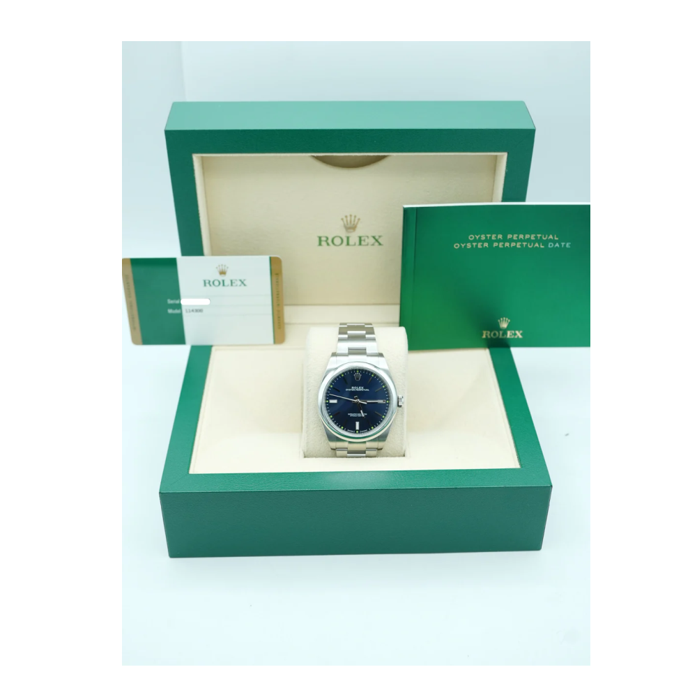 Rolex 114300 Oyster Perpetual 39 mm Smooth Bezel Blue Dial Oyster Bracelet Complete Set 2014